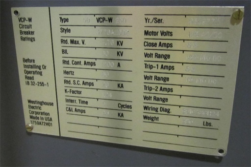 1200 Amp, WESTINGHOUSE, 50VCP-W-250, 4160 V., 125 VDC CL & TR: -1