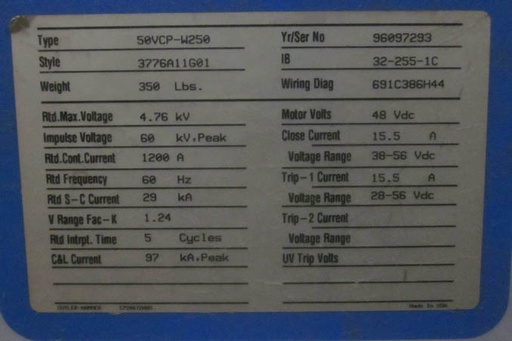 1200 Amp, WESTINGHOUSE, 50VCP-W-250, 4160 V., 48 VDC CL & TR: -1