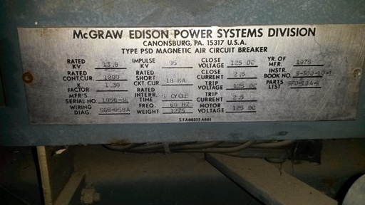 1200 Amp, MCGRAW EDISON, PSD, 13.8 KV, 1975, 125 VDC CLOSE AND TRIP: -1