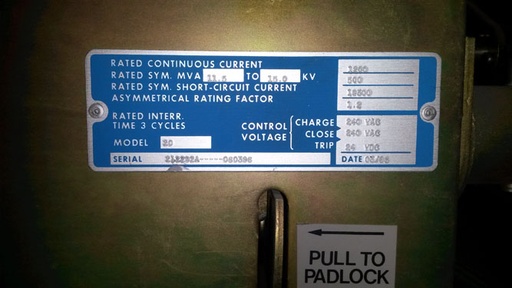 1200 Amp, ABB, 15VHK500, 15 KV, VACUUM, 240 VAC CLOSE, 24 VDC TRIP