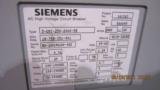2000 Amp, SIEMENS, 5GMI-250-2000-58, 4160 V., UNUSED, 125 VDC CLOSE & TRIP: -1