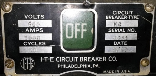 1000 Amp, ITE, KC, 480 V., 1947, SLATE BACK, M/O, D/O, 125 VDC: -1