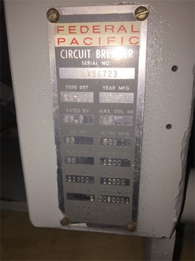1200 Amp, FEDERAL PACIFIC, DST-15-500, 13.8 KV, E/O, D/O, 125 VDC CL & TR: -1