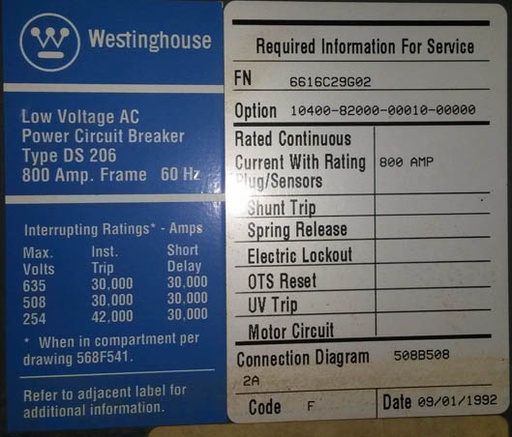 800 Amp, WESTINGHOUSE, DS-206, 600 V., M/O, D/O, AMPTECTOR IA, L,S,I: -1