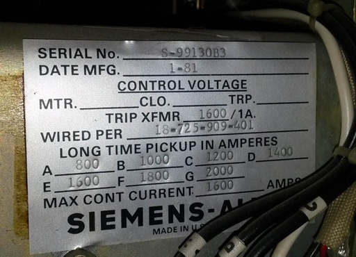 1600 Amp, SIEMENS ALLIS, LAF1600B, 480 V., 1981, M/O, D/O, L,S,I,: -1