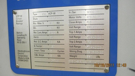 1200 Amp, WESTINGHOUSE, 150VCP-W-500, 15 KV, 1993, E/O, D/O, 125 VDC CL & TR: -1