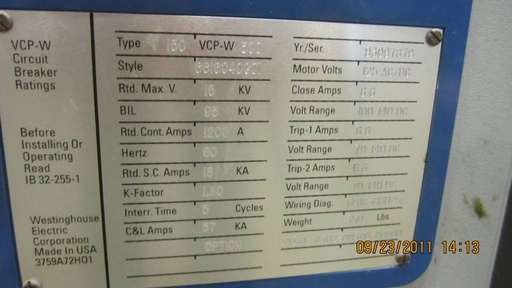 1200 Amp, WESTINGHOUSE, 150VCP-W-500, 13.8 KV, 1993, E/O, D/O, 125 VDC CL & TR