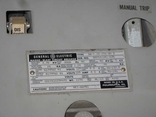 2000 Amp, GE, AM4.16-250-8HB, 4160 V., 1991, E/O, D/O, 125 VDC CL & TR: -1