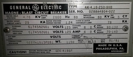 2000 Amp, GE, AM4.16-250-9HB, 4160 V, E/O, D/O, 125 VDC CL & TR