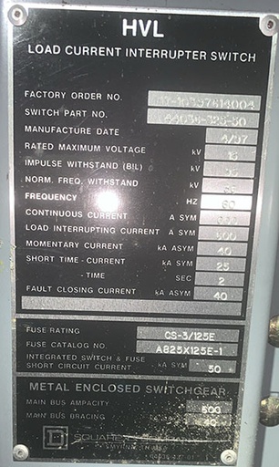 600 Amp, SQUARE D, No. HVL, 13800 V., INDOOR HOUSED, FUSED, LOADBREAK SWITCH
