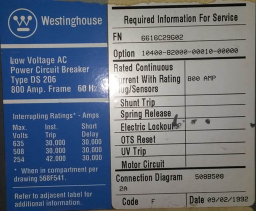 800 Amp, WESTINGHOUSE, DS-206, 480 V., M/O, D/O, L,I, 800 AMP SENSORS: -1