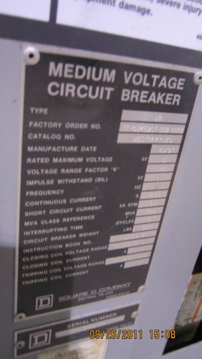 1200 Amp, SQUARE D, VR-750, 15 KV, 1997, E/O, D/O, 250 VDC CLOSE & TRIP: -1