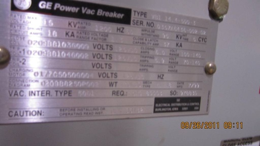 1200 Amp, GE, VB1-14.4-500, 15 KV, E/O, D/O, 125 VDC CLOSE & TRIP, ML-18: -1