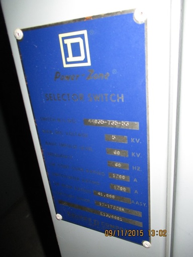 1200 Amp, SQUARE D, No. ALT/PREFERRED, 4160 V., INDOOR, FUSED, DISCONNECT SWITCH