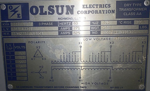 225 KVA, OLSUN, 208 V D, 480 V Y, 2001, UNUSED, INDOOR, DRY, UL LISTED: -1