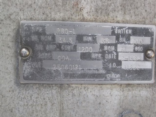 1200 Amp, SOUTHERN STATES, No. PB0-1, 34500 V., 1984, HOOK STICK DISCONNECT: -1