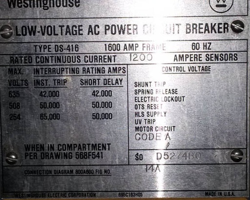 1600 Amp, WESTINGHOUSE, DS416, 480 V., M/O, D/O, WITH AMPTECTOR L,S,I: -1