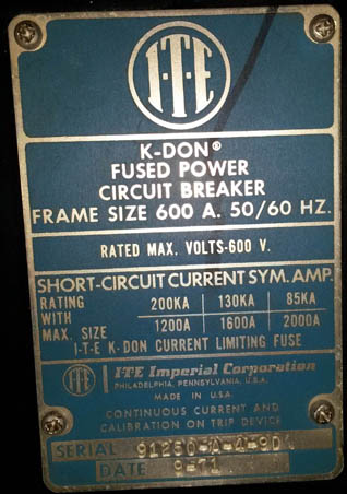 600 Amp, ITE, KDON600, 480 V., M/O, D/O, 1200 AMP FUSES, DIGITRIP 510: -1