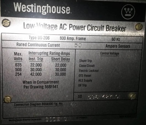 800 Amp, WESTINGHOUSE, DS206, 480 V., M/O, D/O, AMPTECTOR II, L,S: -1