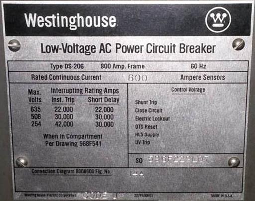 800 Amp, WESTINGHOUSE, DS206, 480 V., M/O, D/O, AMPTECTOR II, L,I TRIPS: -1