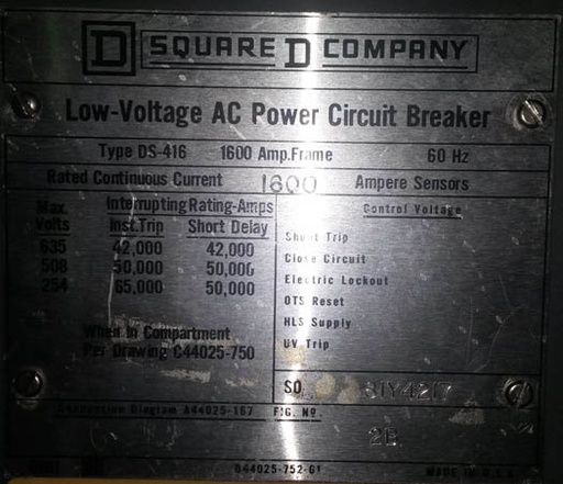 1600 Amp, WESTINGHOUSE, DS416, 480 V., M/O, D/O, AMPTECTOR-IA L,I: -1