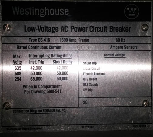 1600 Amp, WESTINGHOUSE, DS416, 480 V., M/O, D/O, AMPTECTOR II, L,S: -1