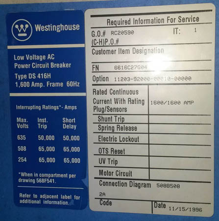 1600 Amp, POWERCON, DS-416H, 480 V., M/O, D/O, DIGITRIP 510LS, STATIC TRIPS