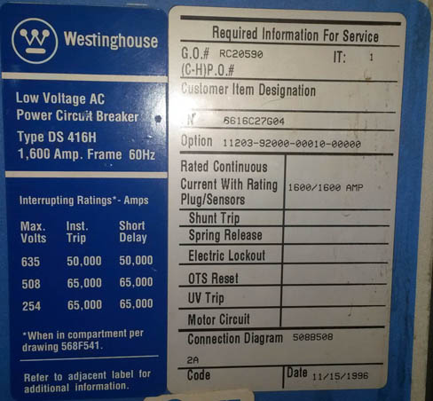 1600 Amp, POWERCON, DS-416H, 480 V., M/O, D/O, DIGITRIP 510LS: -1