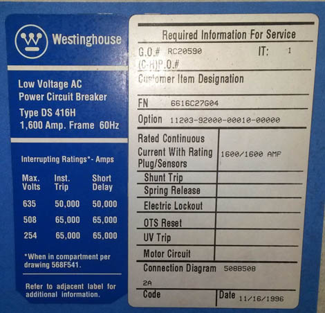 1600 Amp, POWERTRON, DS416H, 480 V., M/O, D/O, DIGITRIP 510LS: -1