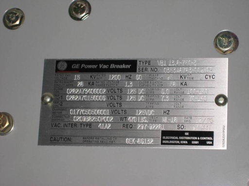 1200 Amp, GE, VB1-13.8-750-3, 15 KV, 1995, 125 VDC CL. & TRIP, 58 KA CL. & LATCH