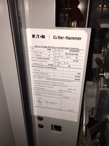600 Amp, CUTLER HAMMER, No. MVS2, 13800 V., UNUSED, INDOOR, FUSED SWITCH: -1