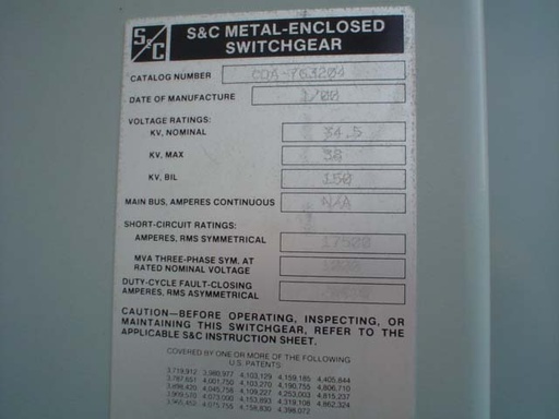 600 Amp, S & C, No. CDA763204, 38000 V., 2000, OUTDOOR, FUSED, 1000 MVA - 1