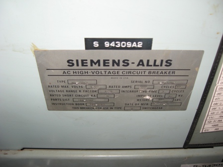 2000 Amp, SIEMENS ALLIS, MA250C-1, 4160 V., 1979,DRAWOUT, ELEC. OPERATED;-1