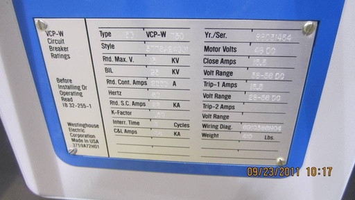 2000 Amp, WESTINGHOUSE, 150VCP-W-750, 15 KV,48 VDC CLOSE & TRIP