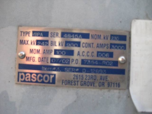 3000 Amp, PASCOR VBPA, 242 KV, GANG OPERATED DISCONNECT, HORIZ. MOUNT, UNUSED