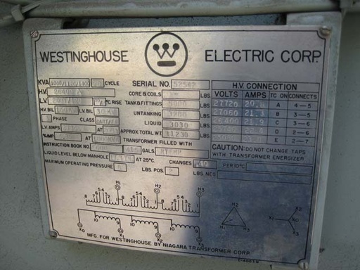 1000/1400 KVA, Pri 26400 D, Sec 208Y/120, WESTINGHOUSE, SUBSTATION, R-TEMP:1