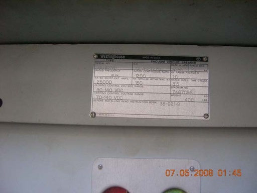 1200 Amp, POWERCON, V, 38 KV, 1986, EO/DO, 125VDC CLOSE & TRIP;