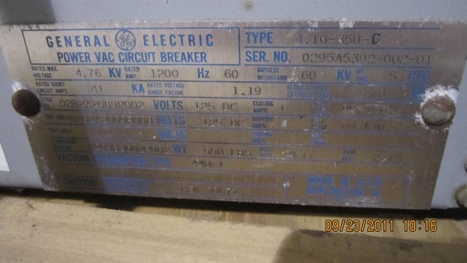 1200 Amp, GENERAL ELECTRIC, VB4.16-350-0, 5000 V.,EO/DO,125VDC CLOSE &TRIP;