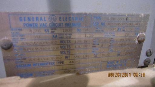 1200 Amp, GENERAL ELECTRIC, VB4.16-350-0, 5000 V.,EO/DO,125VDC CLOSE &TRIP;
