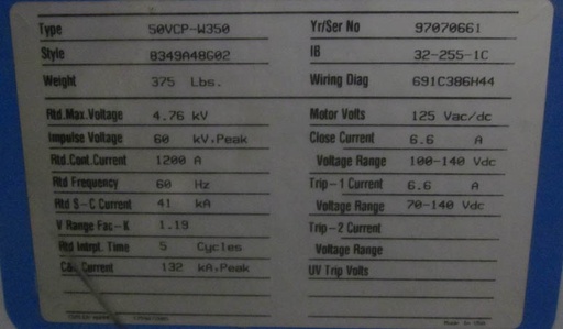 1200 Amp, CUTLER HAMMER, 50VCP-W-350, 5000 V., 1997, EO/DO, 125VDC C&T;