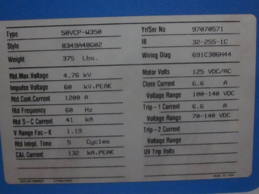 1200 Amp, CUTLER HAMMER, 50VCP-W-350, 5000 V., 1997, EO/DO, 125VDC C&T;