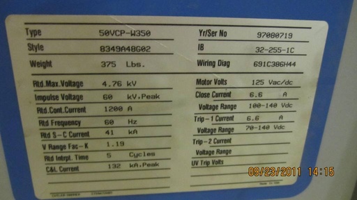 1200 Amp, CUTLER HAMMER, 50VCP-W-350, 4160 V., 1997, EO/DO, 125VDC C&T;