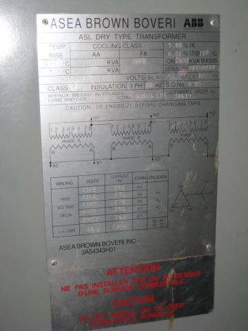 2000/2666 KVA, Pri 4160 D, Sec 480Y/277, ABB/CANADA, DRY, INDOOR, ALUMINUM:1
