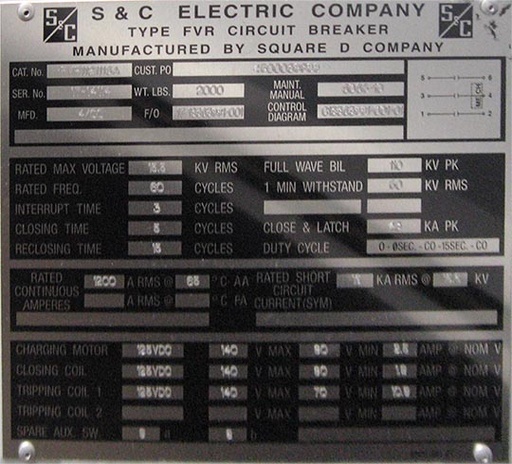 1200 Amp, S&C/SQUARE D, FVR1121116A, 15 KV, 125VDC C & T, 16KA INT, 43KA C & L ,