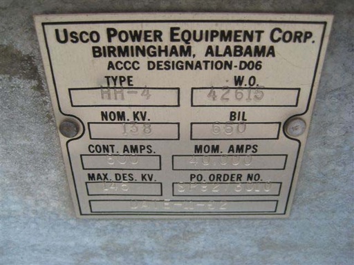 600 Amp, USCO, No. HH-4, 138000 V., VERTICAL MOUNT, VERTICAL BREAK:1