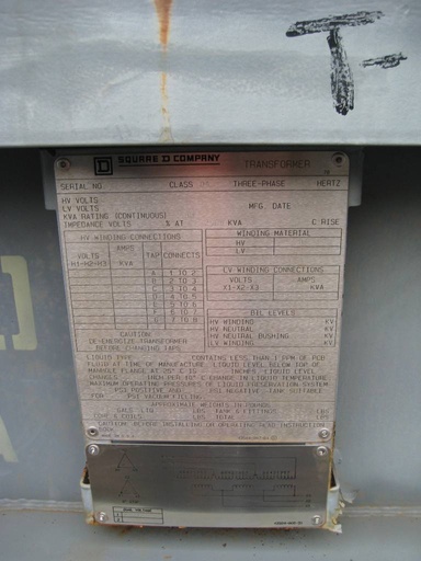 2500 KVA, Pri 13200 D, Sec 480 D, SQUARE D, 1993, SUBSTATION, COPPER:1