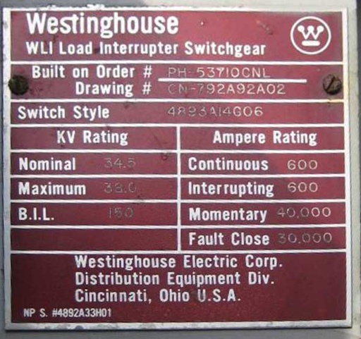 600 Amp, WESTINGHOUSE, No. WLI, 38000 V.,Outdoor