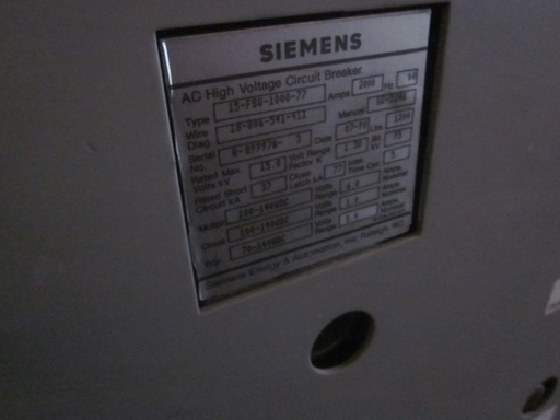 2000 Amp, SIEMENS, 15-FSV-1000-77, 15 KV, E/O, D/O, VACUUM RETROFIT
