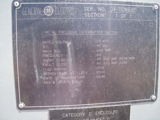 600 Amp, GE INTERRUPTER SWITCH, 15000 V., 1995, INDOOR, FUSED:1