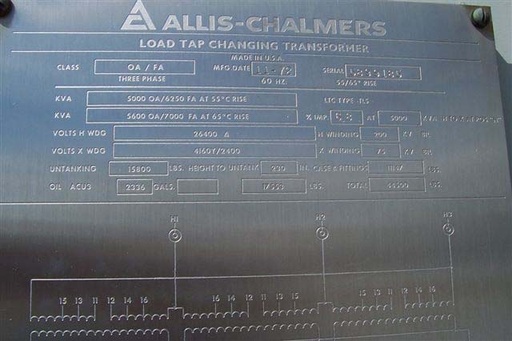 5000/7000 KVA, Pri 26400 D, Sec 4160Y/2400, ALLIS CHALMERS, LOAD TAP CHANGING